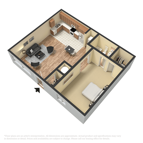 Floor plan for 1 bed, 1 bath, 545 sqft